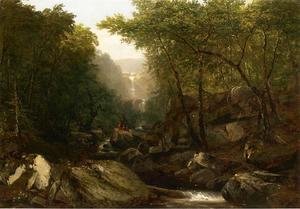 Waterfall in the Woods with Indians